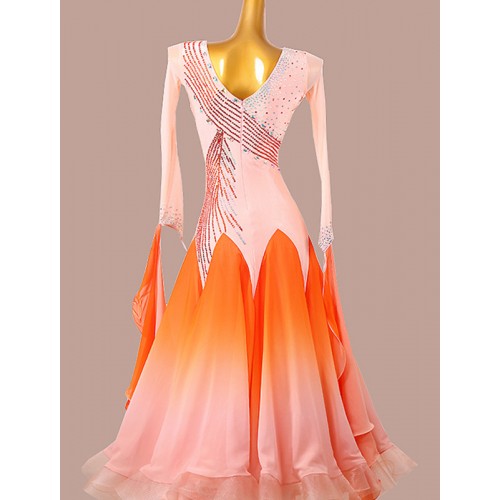 Custom size women girls pink with orange gradient competition ballroom dancing dresses with stones waltz tango foxtrot smooth dance long skirts for female